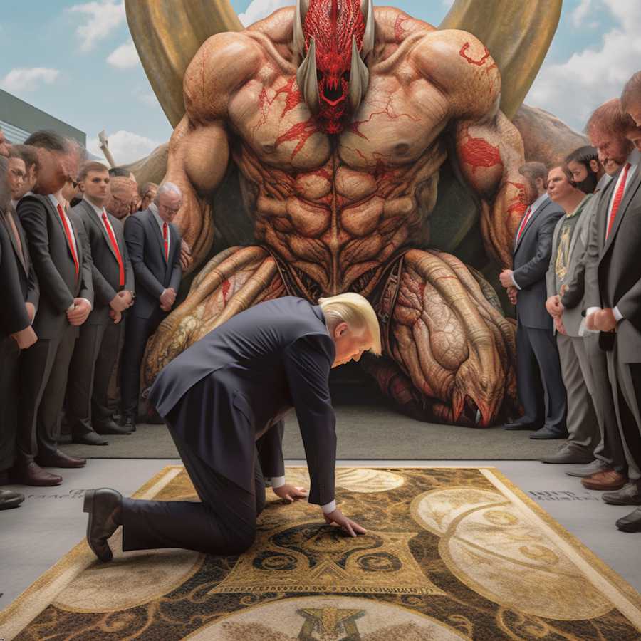 Donald Trump bowing down to a demon of war