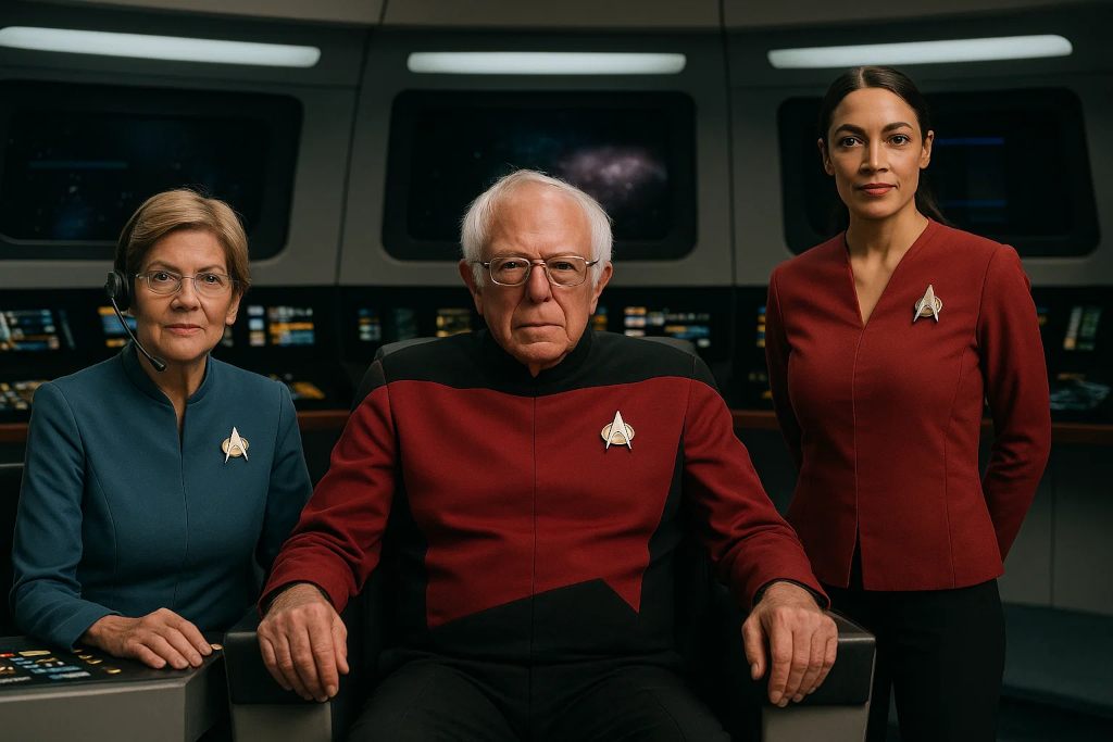 Elizabeth Warren, Bernie Sanders, and AOC on the bridge of the Starship Empathize