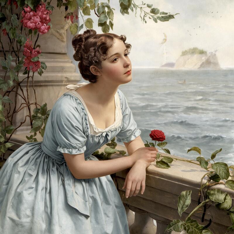 Bonnie lassie with a red rose, waiting by the sea