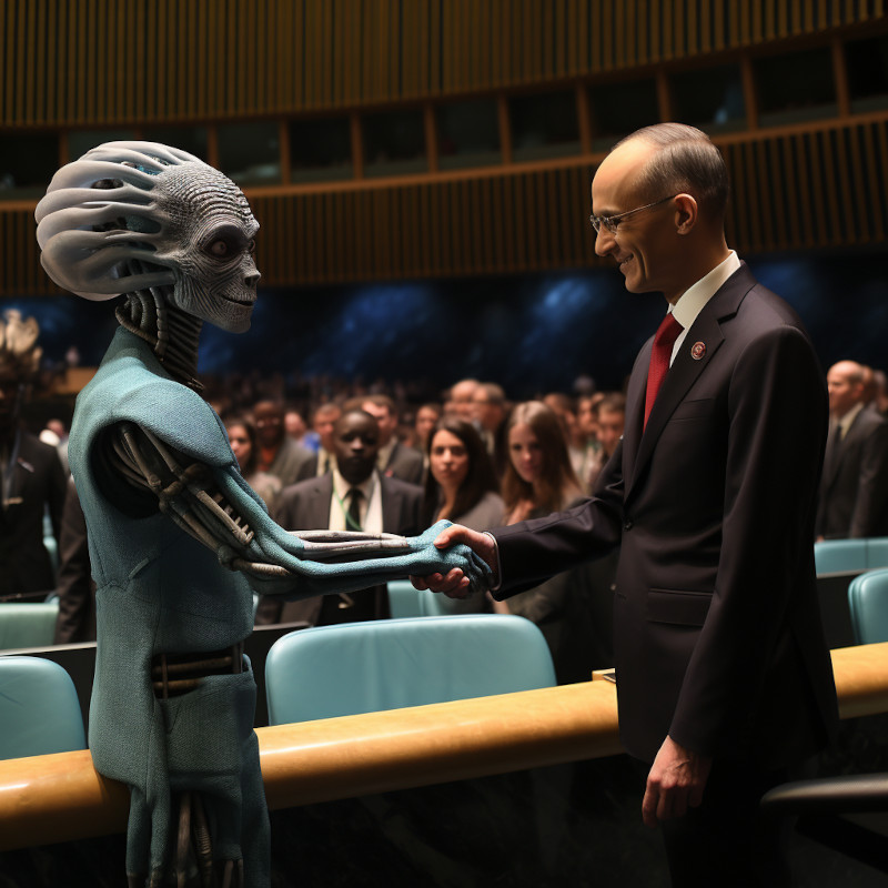 Alien shaking hands with world leader