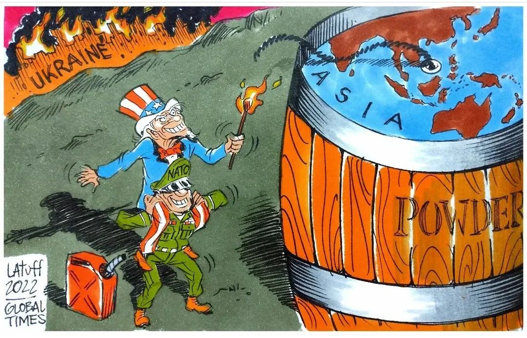 Uncle Sam lighting a powder keg after torching Ukraine