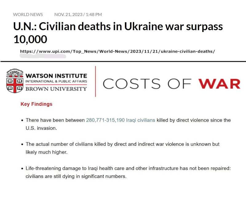 The U.S. war in Iraq killed at least 300,000 civilians. Russia's invasion of Ukraine killed about 10,000 civilians
