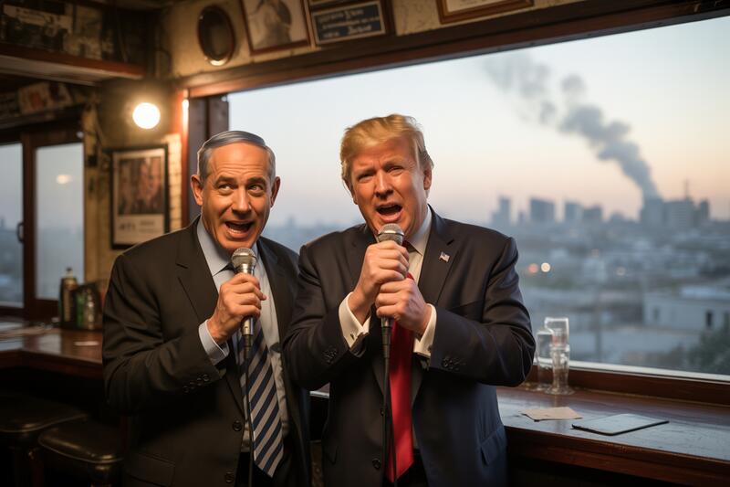 Bib and Trump singing karaoke in front of Gaza devastation