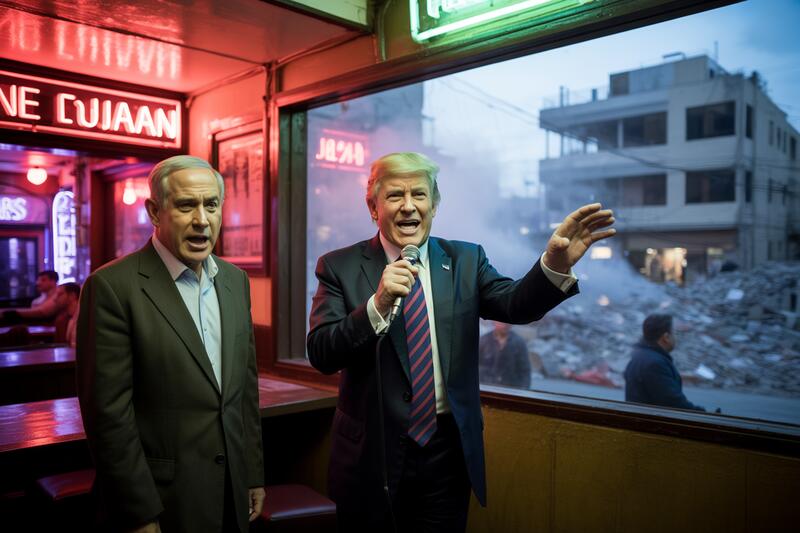 Bib and Trump singing karaoke in front of Gaza devastation