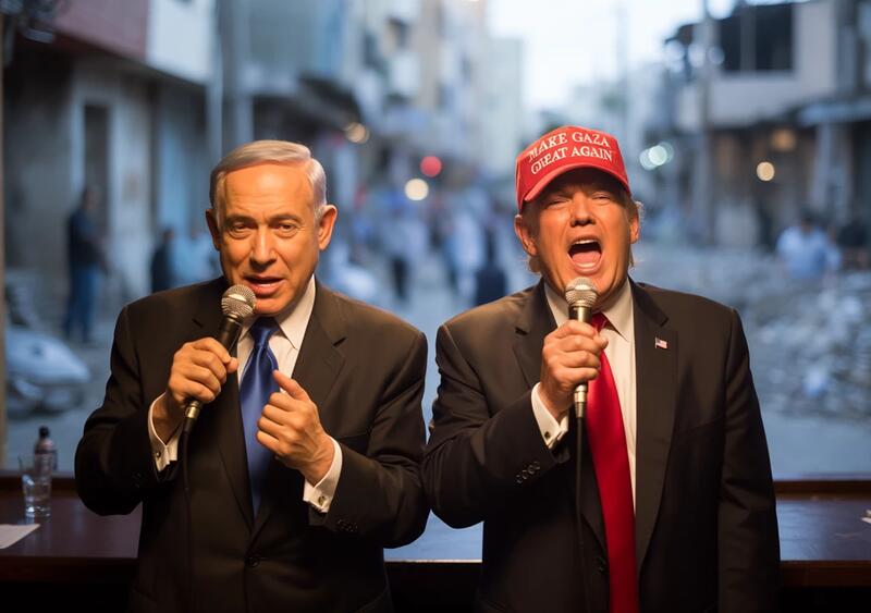 Bib and Trump singing karaoke in front of Gaza devastation