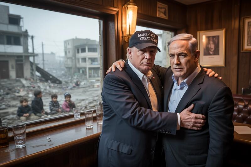 Bib and Trump singing karaoke in front of Gaza devastation
