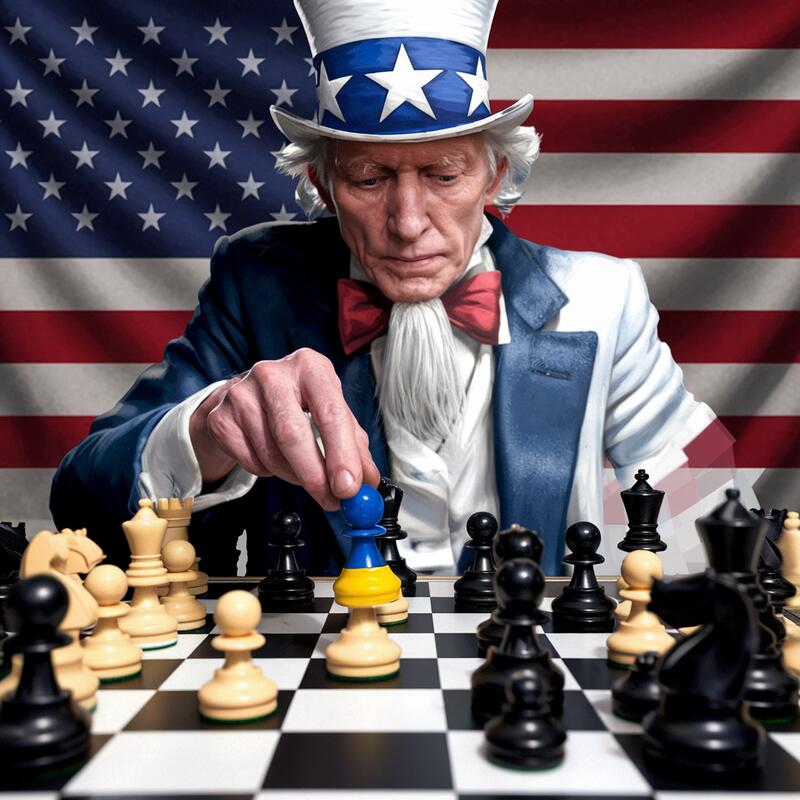 Uncle Sam playing chess, using Ukraine as a pawn